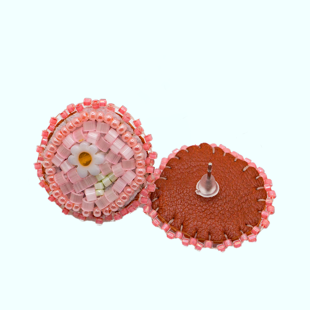Handmade Pink Beaded Daisy Earrings – Cowhide Leather Backing