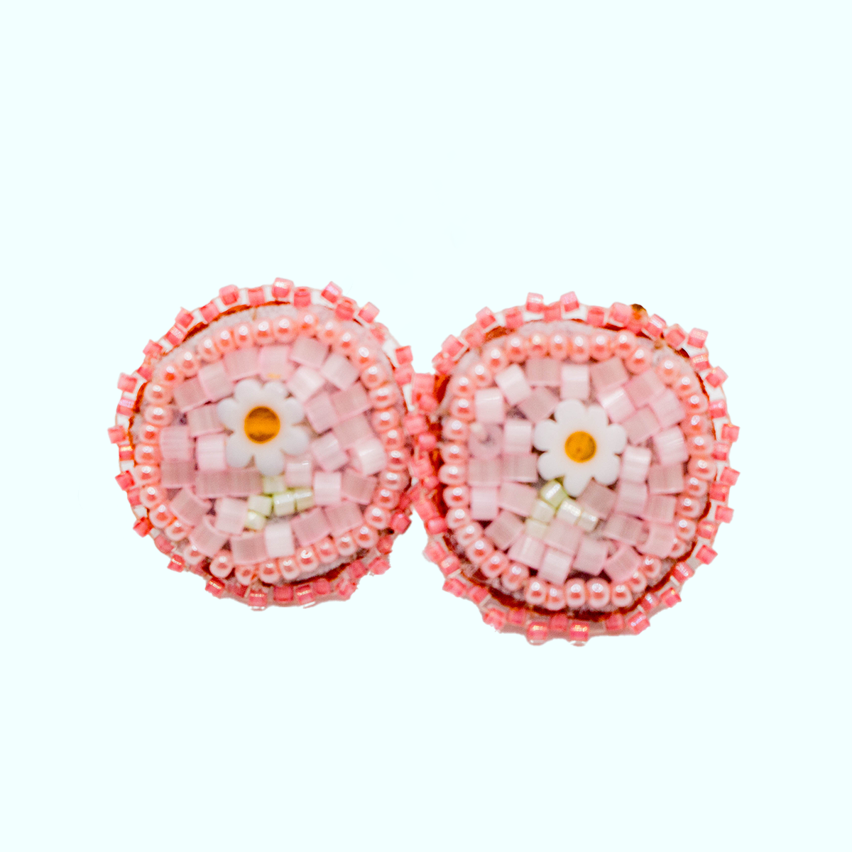 Handmade Pink Beaded Daisy Earrings – Cowhide Leather Backing