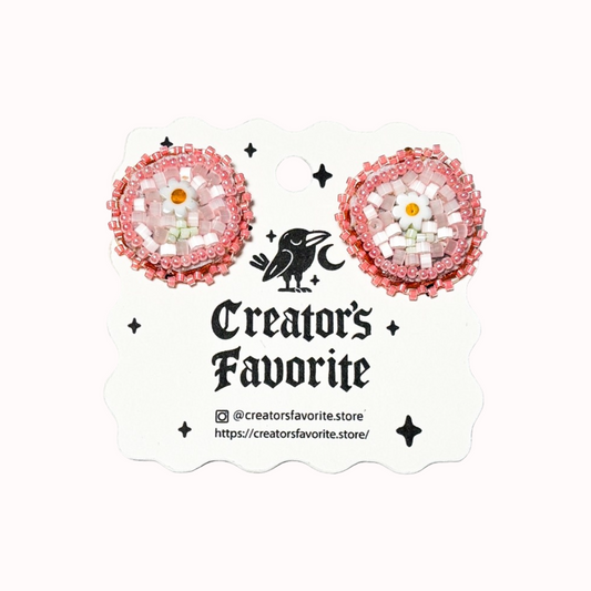 Pink Beaded Daisy Earrings – Cowhide Leather Backing